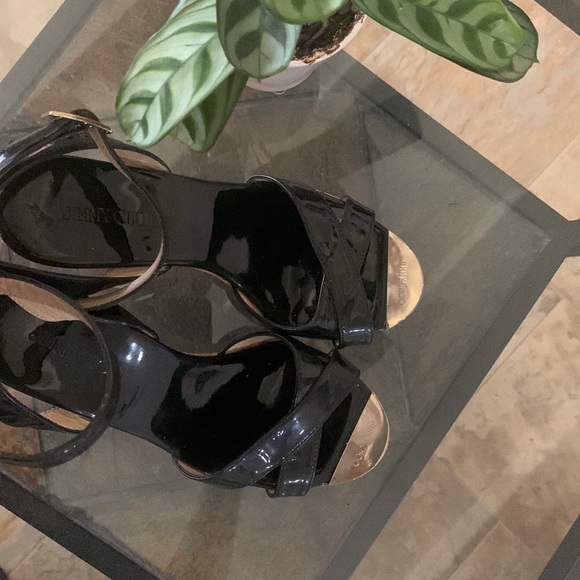 ✨JIMMY CHOO PAPYRUS BLACK PATENT LEATHER CORK WEDGE PLATFORM SANDALS - Picture 7 of 15